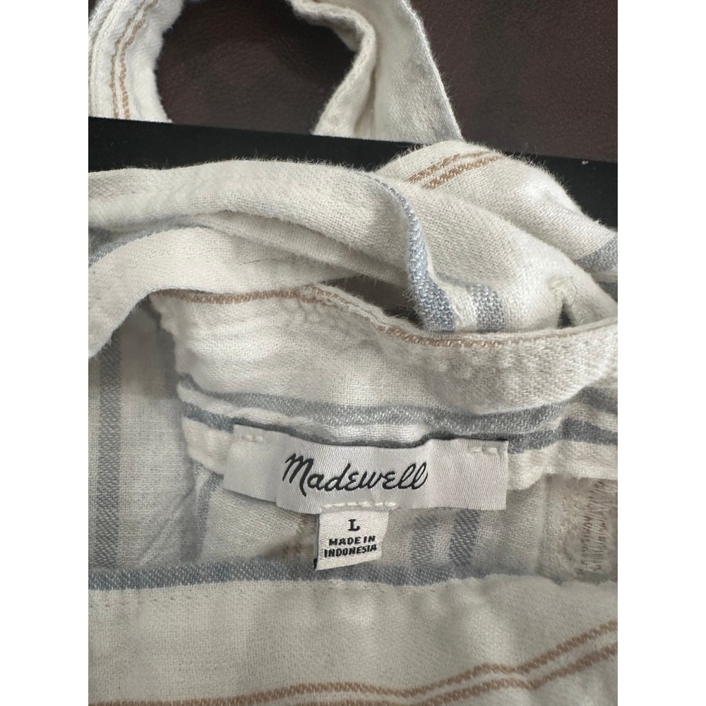 Madewell Striped Linen Blend Button Strap Midi Dress White Blue Tan Large - Picture 4 of 10
